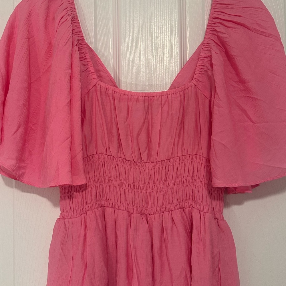 Abercrombie & Fitch Pink V-Neck Flutter Sleeve Midi Dress - Picture 6 of 8